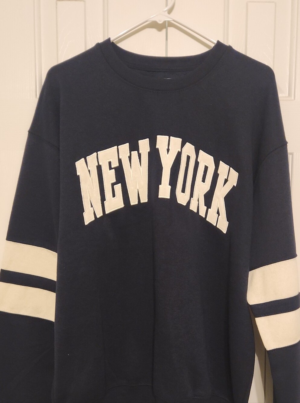 Navy 'New York' Crewneck Sweatshirt with White Sleeve Stripes